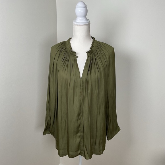 Halston Heritage Tops - Halston Heritage Olive Green Long-Sleeve Silk Blouse